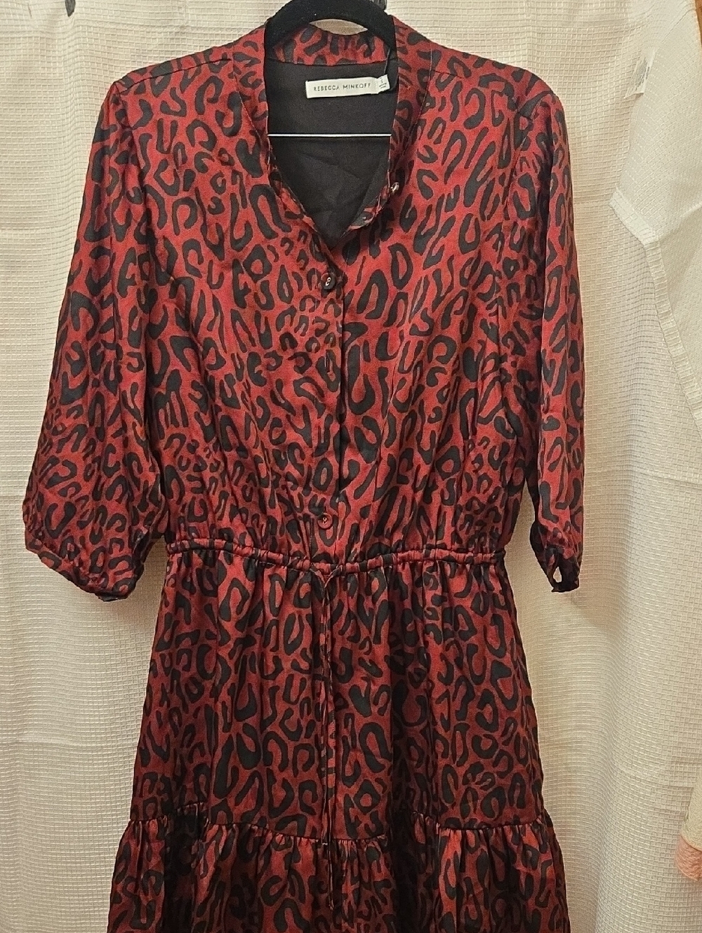 Rebecca Minkoff Dark Red & Black Leopard Print Midi Shirt Dress